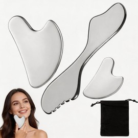 3 Piezas Gua Sha, Gua Sha y Guasha Facial de Acero Inoxidable, Masaje Facial con Bolsa de Viaje, para Drenaje Linfático y Contorno Facial, Reafirmar Piel, Reducir Hinchazón, Esculpir Mandíbula, Spa en Casa