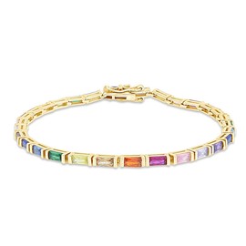 AFFY 14k Yellow Gold Plated 925 Sterling Silver Colourful Bar Setting Rainbow Baguette Sparkling Multi Color Sapphire Gemstone Tennis Bracelet, Jewelry for womens - 6.5" L