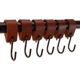 Brute Strength - Multifunctional Leather S-Hooks - Cognac - 12 Pieces - S Shaped Hooks - Coat Hook - Leather Hooks - Leather s Hooks - Black s Hooks - Kitchen Hooks