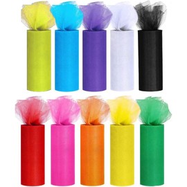 10 Colors Rainbow Tulle Rolls Tulle Netting Rolls Tulle Fabric Spool Ribbon 6" by 25 Yards/Spool and Sewing Scissor Measuring Tape Knit Elastic Spool for Table Skirt Rainbow Party Tulle Skirt