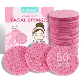 kickleen 50-Count Compressed Facial Sponges|Kickleen 100% Natural Cellulose Cosmetic Spa Sponges for Daily Facial Cleansing|Makeup and Mask Removal|Exfoliating|Skin Massage|Pore Exfoliation (50 Count (Pink))