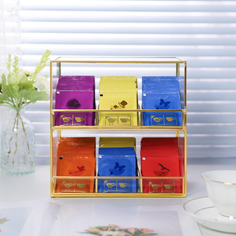REDHUGO Glass Tea Bag Organizer for Counter, 2-Tier TeaBag Organizer