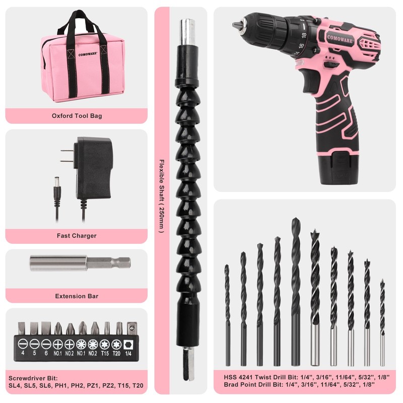 COMOWARE Pink Cordless Drill Set for Women, 12V Lightweight Electric