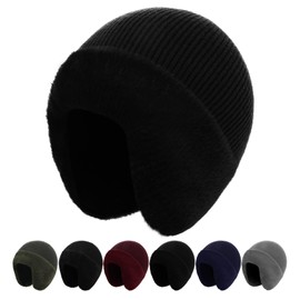 Oversized M/L/XL/XXL Mens Fleece Beanies with Earflap Women Winter Outdoor Windproof Warm Knitted Stocking Caps for Big Heads Black