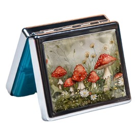 Silver Vintage Pill Box 7 Day Metal Pill Box with Mirror and 8 Compartments Cute Travel Pill Organizer for Purse,Compact Portable Pill Organizer (Sewant Mushrooms)