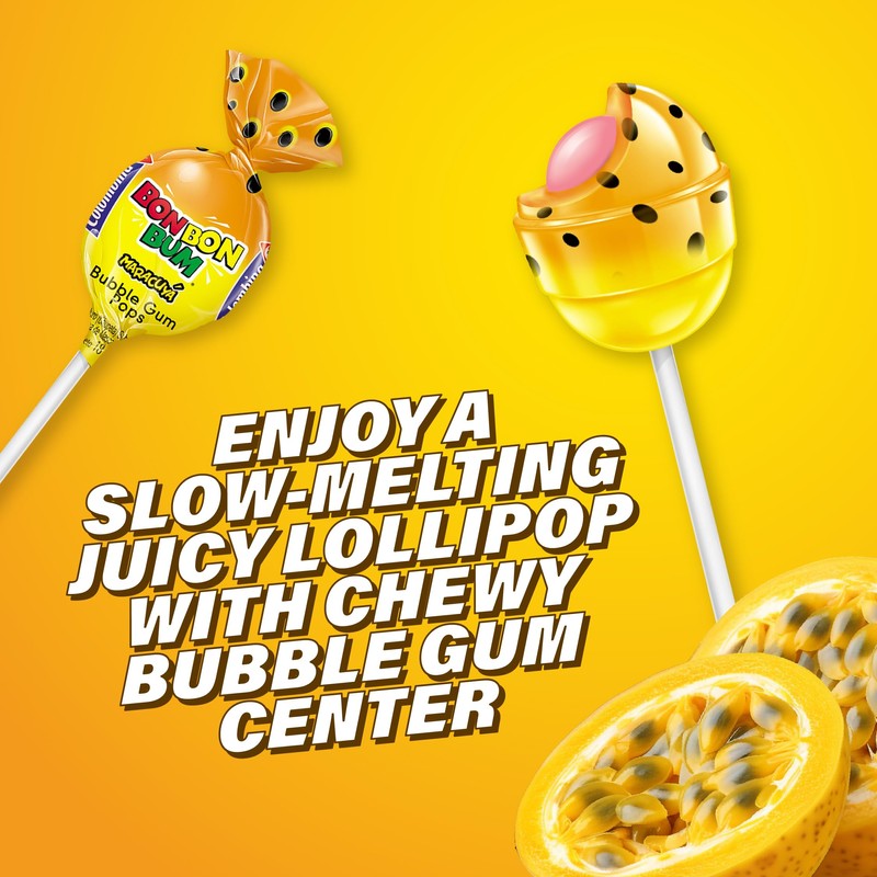 Colombina Bon Bon Bum Lollipops w/Bubble Gum Center, Passion Fruit