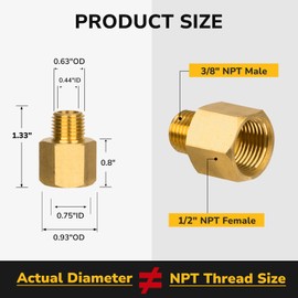 KAINGA Brass Pipe Fitting, 3/8" NPT Male × 1/2" NPT Female Reducer Adapter, Heavy Duty, Corrosion Resistant Brass Pipe Extension Connectors for Air, Oil, LP and Natural Gas, 1200 PSI Rated (1-Pack)