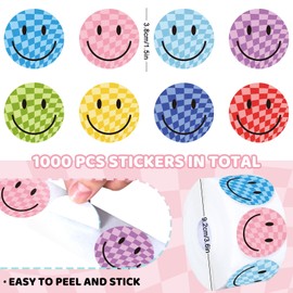 Whaline 1000Pcs Checkered Smile Face Stickers Roll Happy Face Decal Stickers Colorful Round Label Stickers Reward Adhesive Stickers for School Teachers Students Rewards Party Favor Supply
