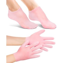 Juego de 2 pares de calcetines hidratantes de silicona con guantes antideslizantes, suaves de gel para spa, suavizando la piel seca y agrietada, calce
