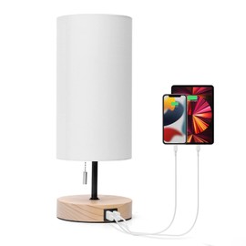 Aigostar Bedside Lamp with 2 USB Charging Ports, E27 Table Lamp with Pull Switch, Wooden Base, Modern Table Lamp for Bedroom, Living Room, Desk, Baby Room - White