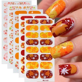 5 Sheets Thanksgiving Gel Nail Stickers for Nail Art Fall Nail Polish Strips Self-Adhesive Yellow Maple Leave Design Autumn Winter Nail Polish Strips Fall Leaf Full Nail Wraps for Women Acrylic Nails