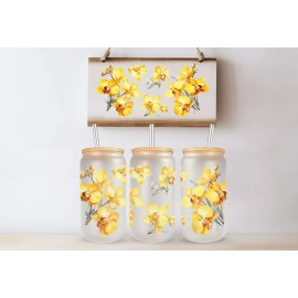 Mugzan Bouquet of Yellow Orchids Frosted Glass Can W Bamboo Lid 16 Oz Glass Cup Mugzan