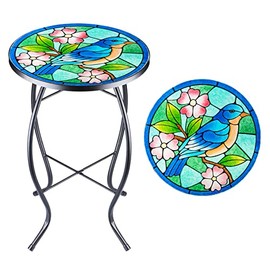 Patio Side Table Outdoor Accent Table Bistro Coffee Table Plant End Table Small Porch Table Indoor Round Glass Balcony Bluebird Plant Table Stands