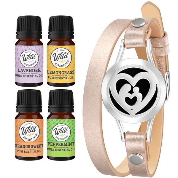 Wild Essentials Mother’s Heart Essential Oil Leather Wrap Bracelet Diffuser, Gift Set, Lavender, Lemongrass, Peppermint, Orange Oils, 12 Pads, Customizable Color Changing Perfume Jewelry, Aromatherapy