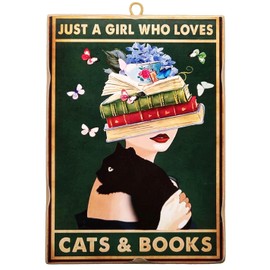 KUSTOM ART Just a Girl Who Loves Cats & Books Vintage Wooden Picture