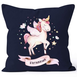 SpecialMe® Kissen-Bezug Einhorn mit Namen Kissen-Hülle Namenskissen Baumwolle personalisierte Geschenke Dekokissen Navy Unisize