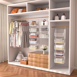 PUPPYCUTE Hanging Closet Organizer and Storage, Clothes Hanging Shelves Wire Baskets for Clothing Sweaters Purse Handbags Shoes White 5 Tier