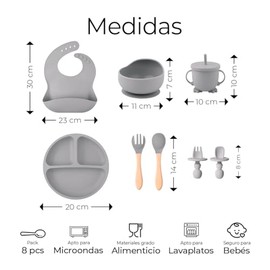 Raganet, Juego de Platos y Cubiertos para Bebé de Silicona, Set de 8 Piezas Libres de BPA, Babero, Plato, Tazon y Cubiertos, Seguros y Resistente (Gri