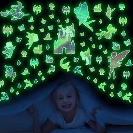 Glow in The Dark Fairy and Witch Magic Wall Decals, Glitter Butterflies and Dragons Stickers for Kids Room, Luminous Ceiling Decor for Bedroom Playroom Nursery