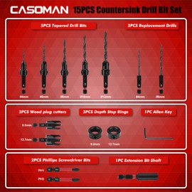 CASOMAN 15 PCS Countersink Drill Bit Set, Tapered Drill Bits, Counter Sink Drill Bit for Woodworking, Quick-Change Wood Drill Bit Kit with Storage Box