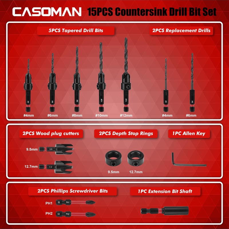 CASOMAN 15 PCS Countersink Drill Bit Set, Tapered Drill Bits,