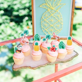 Cyodoos 42Pcs Edible Tropical Cupcake Toppers Wafer Paper Hawaiian Luau Theme Party Decoration Baby Shower Birthday Party Supplies