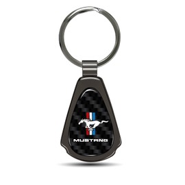 iPick Image for Ford Mustang Tri-Bar Real Black Carbon Fiber Gunmetal Black Metal Teardrop Key Chain