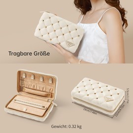 Vee Small Jewellery Box for Women, Portable Travel Jewellery Storage, Diamond Quilted Leather Jewellery Box for Bracelets, Rings, Necklaces, Gift Idea (Beige)