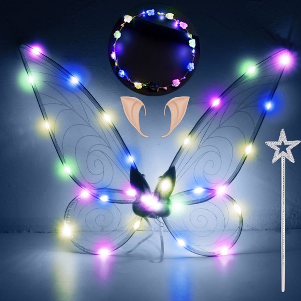 LED Fairy Wings, Butterfly Wings with Elf Ears LED Fairy Headband and Star Fairy Wands Butterfly Wings Princess Wings Costume for Carnival Party