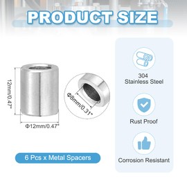 PATIKIL 6 Pcs Stainless Steel Spacers, 8mm ID x 12mm OD x 12mm Height 304 Stainless Steel Bushing Screw Standoff Unthreaded Round Spacer for 5/16" M8 Screws Bolts Nuts