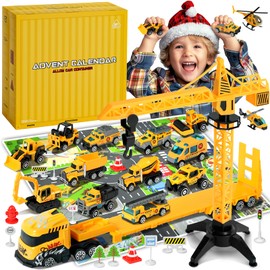 Advent Calendar 2024 for Kids Toys Engineering Vehicles Alloy Different Car Set Stocking Stuffer Plus a Play Mat for Boys and Girls