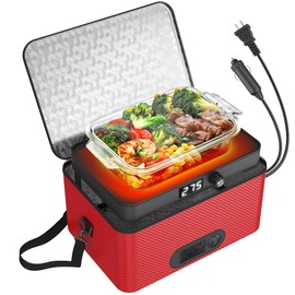 Portable Oven, 12V 24V 110V-240V Car Food Warmer Portable Personal Mini Oven Electric Heated Lunch Box for Meals Reheating & Raw Food Cooking for Road Trip/Camping/Picnic/Family Gathering(Red)