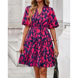 BTFBM Women Summer Floral Short Dresses V Neck Short Sleeve Tiered Ruffle Boho Swing Dress A-Line Mini Dresses(Floral Navy Rose Red,Medium)