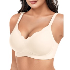 ZAAYO Women's Bra Full Cups Without Underwire Seamless Bra Deep V Neck Serrated Cut Padded Bralette Push Up Bra Non-Wired Bustier with Additional Bra Extension, White, M