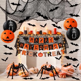 Halloween Decorations Indoor Party Bundle - Happy Halloween & Trick or Treat Bunting Banner, Giant Spider Webs, Black Bats, Pumpkin & Skeleton Paper Plates, Spooky House Decorations Kit for Home