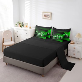 Sports Car 7 Piece Bedding Set Green Race Car Comforter Set with Sheets for Kids Boys Girls Extreme Sports Theme Bed in a Bag Cool Speed Luxury Car Decor Bed Set with 2 Pillowcases Full