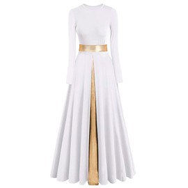 ZX Praise Dance Modern Worship Liturgical Long Dresses for Women Metallic Color Block Church Robe Lyrical Dancewear Tag XL, White, X-Large