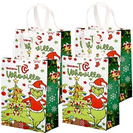 4 Pack Grinch Christmas Tote Bag, Extra Large Reusable Grocery Bag with Handle, Present Bag, Shopping Bag for Holiday Xmas Event Party Red (green)