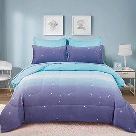 Girls Comforter Set Twin Size 6 Pieces Bed in A Bag Colorful Ombre Blue Purple Rainbow Bedding Set Collections for Kid Teen (1 Comforter, 1 Flat Sheet, 1 Fitted Sheet, 1 Pillow sham, 2 Pillowcases)