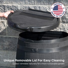 RTS Home Accents Premium 55-Gallon Eco Rain Barrel with Removable Lid, Flat Back Rain Water Collection Barrel, Made with 100% Recycled Plastic, Black