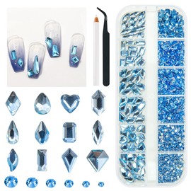 qiipii 1802Pcs Light Blue Nail Rhinestones Baby Blue Gems for Nails 72 Multi Shapes K9 Glass Big Diamonds +1730 Flatback Round Beads Stones Crystals Jewels Nail Art Charms for Nails Faces Eyes Makeup