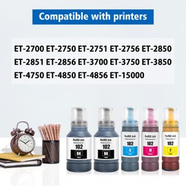 ASEKER 102 Ink Bottles Multipack Compatible for Epson EcoTank ET-2750 ET-2756 ET-2850 ET-2851 ET-2856 ET-3700 ET-3750 ET-3850 ET-4500 ET-4700 ET-4750 ET-4850 ET-4856 ET-15000 Printer (BK*2/C/M/Y)