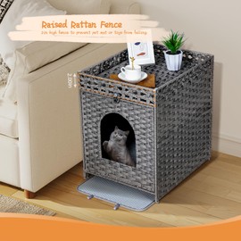 Snughome Cat Litter Box Enclosure with Cat Litter Mat, Hidden Cat Washroom Furniture with Door, Handwoven Rattan Cat Washroom Box, Indoor Pet House Storage for Living Room, Bedroom, Balcony (Grey)