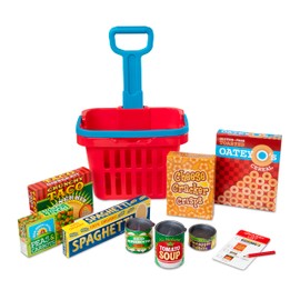 Melissa & Doug Fill and Roll Grocery Basket Play Set With Play Food Boxes and Cans (11 pcs)