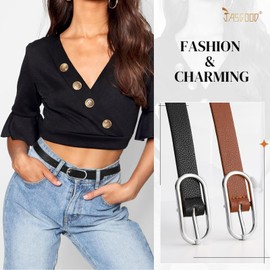 JASGOOD 3 Pack Women Skinny Leather Belt for Dress Pants Jeans Ladies Thin Waist Dress Belts with Shiny Silver Gold Buckle Women(Black+Brown+Beige)