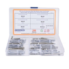 200pcs Hex Nut Bolt Assortment Kit Hex Socket Head Cap Screws Assortment Set with Wrenches for IndustryA2 Stainless Steel