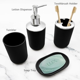 WBJKZJD Bathroom Accessory Set, 4 pcs Shatter-Resistant Resin Bathroom Accessories Set Include Lotion Soap Dispenser Toothbrush Holder Soap Dish Modern Bathroom Decor, Gift for Home (Black 4pcs)
