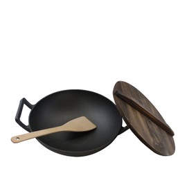 Home VSS Cast Iron， Pre-Seasoned Wok 12.5" With Wood Spatula and Wood Lid