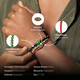 KARMA AND LUCK - Brave Gaze - Men's Real Matte Jade Stone Bronze Brass Evil Eye Charm Red String Adjustable Drawstring Closure Bracelet Handmade with Love in Bali (Jade)