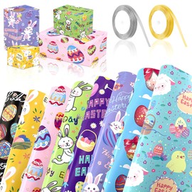 Lets Joy Easter Wrapping Paper, 8 Sheets Easter Gift Paper Set, Gift Wrap Children with 2 Rolls of Ribbon, DIY Wrapping Paper Gift Wrap Children, Easter Decoration Gifts 50 x 70 cm